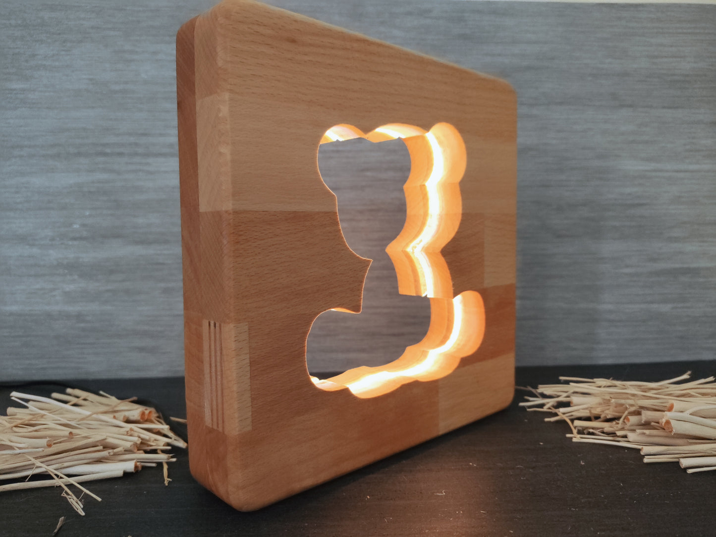 XXL Teddy Bär Deko Holz LED Nachtlicht / Tischlicht, 19cm x 19cm