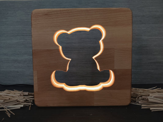 XXL Teddy Bär Deko Holz LED Nachtlicht / Tischlicht, 19cm x 19cm